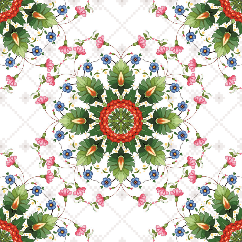 无缝矢量背景-美丽的乌克兰花卉装饰-佩特里基夫卡绘画风格的花-背景图案类似于十字绣