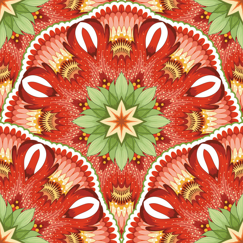 无缝矢量花圆形背景-佩特里基夫卡绘画风格