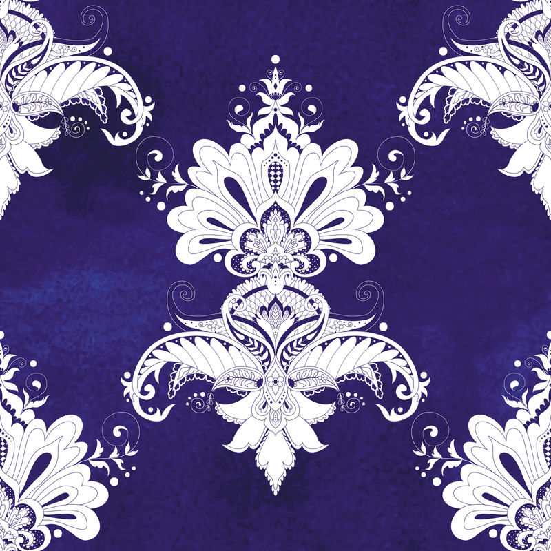 矢量无缝背景-复古风格的漂亮花缎图案-手绘水彩背景