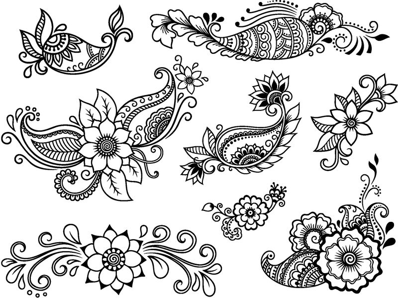 一套用于指甲花绘制和纹身的梅恩迪花图案-印度风格的东方装饰