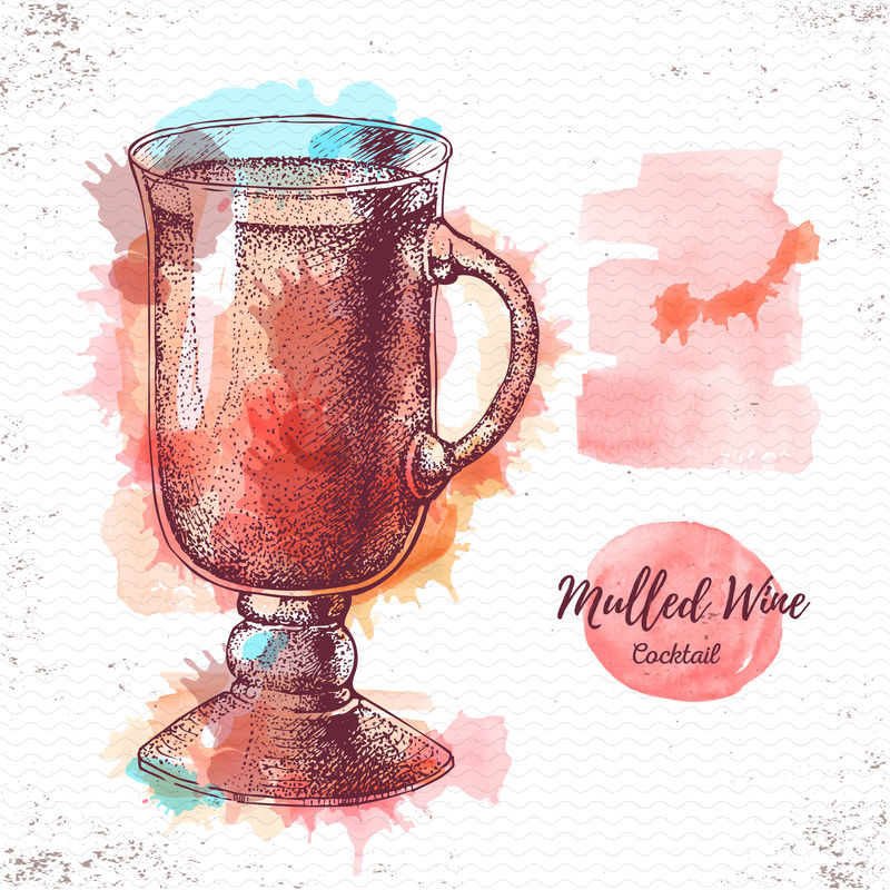 水彩画鸡尾酒，调好的葡萄酒草图。鸡尾酒向量Illustra