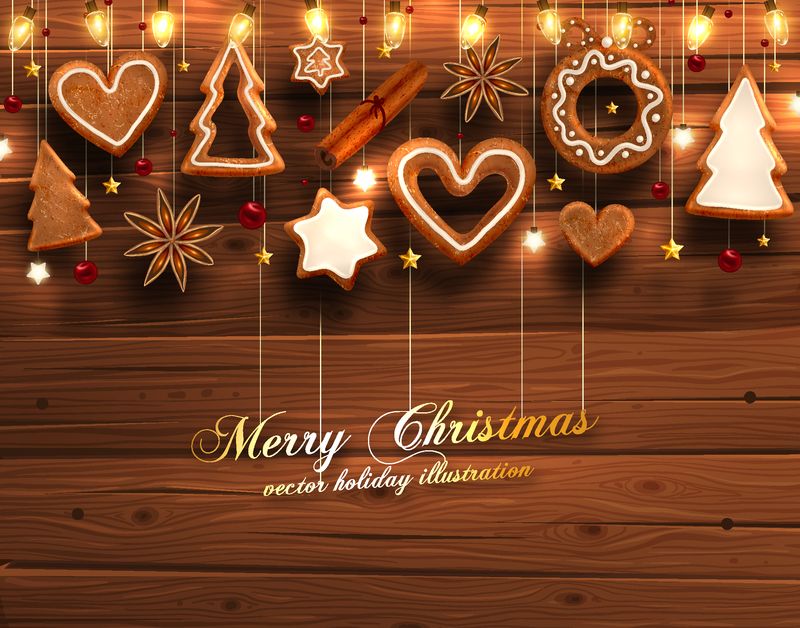 冬季背景-木材纹理-圣诞舞会-圣诞灯-圣诞饼干