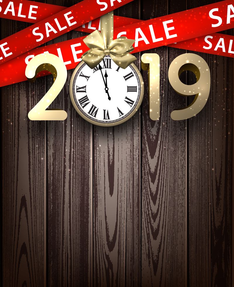 2019年的木制销售-背景为金色时钟和红色丝带-圣诞节促销、季节性促销和营销模板-矢量图