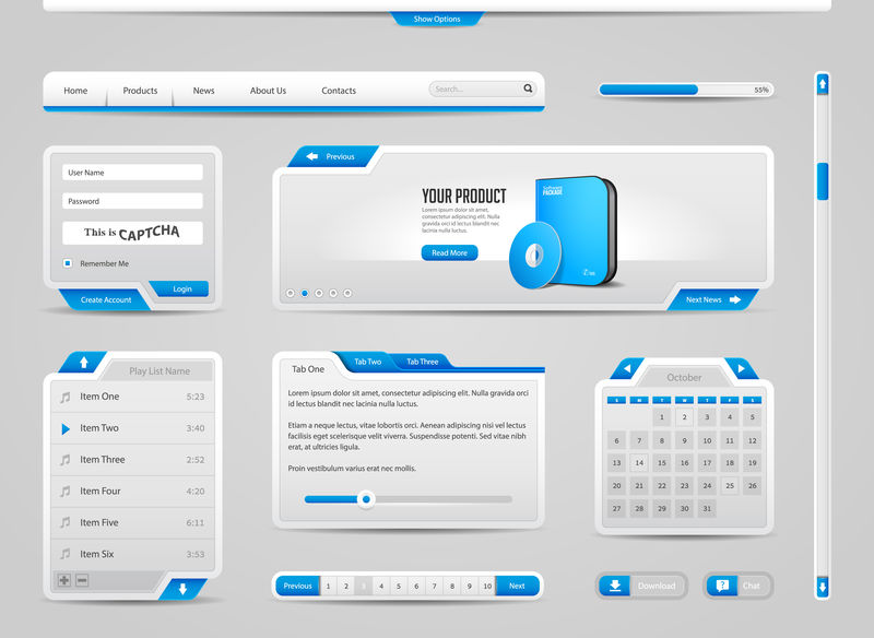 Web Ui控制浅背景上的灰色和蓝色元素 导航栏 按钮 登录窗体 播放列表 消息框素材 高清图片 摄影照片 寻图免费打包下载