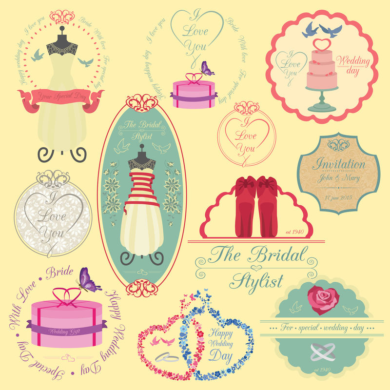 一套复古婚礼和婚礼时尚风格的标志。向量L