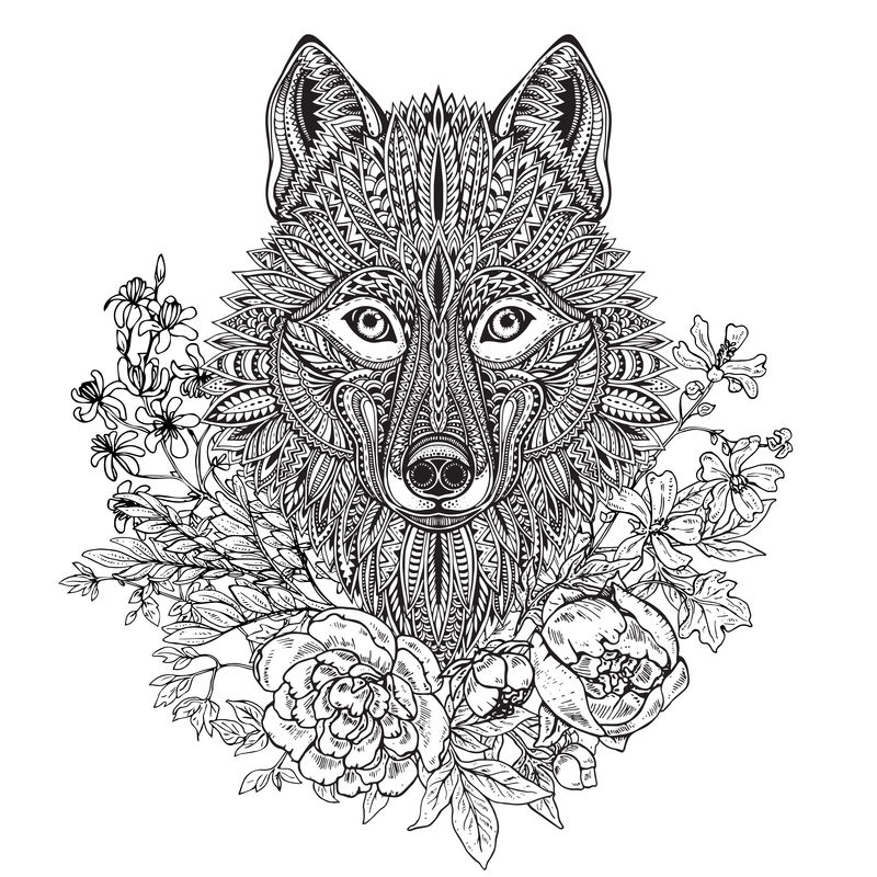 手绘图案装饰华丽的狼头与花卉涂鸦