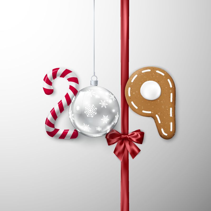 2019年新年横幅-创意节日字母-糖果和圣诞球丝带与蝴蝶结和姜饼饼干-矢量图解