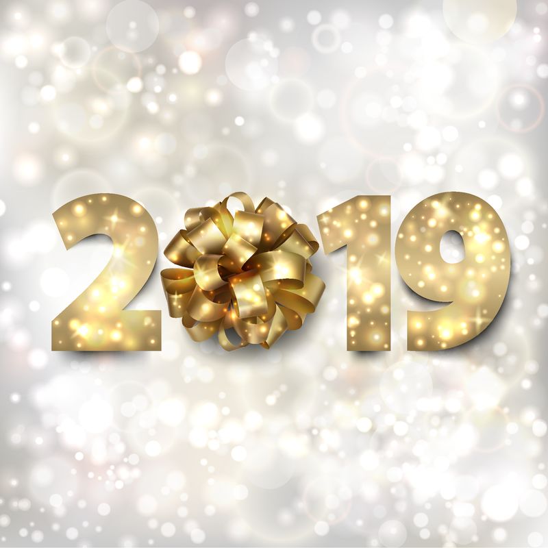 2019年的新年快乐旗帜-金色数字-银色背景上的蝴蝶结-星星和闪烁的灯光-矢量图解