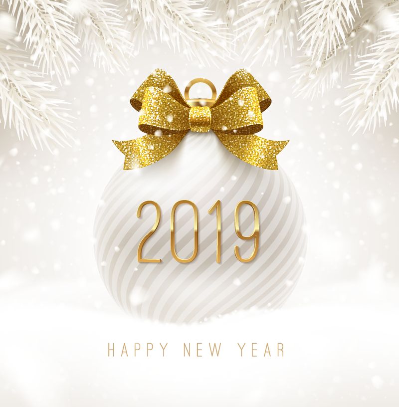 节日白色小饰品-带闪亮的金蝴蝶结丝带和2019年的新年数字-雪上的圣诞球-矢量图