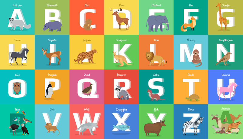 动物字母表。从A到Z的字母