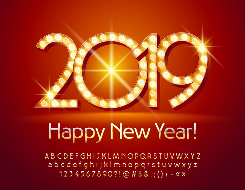 Vector用金色字母、符号和数字组合点亮2019年新年快乐贺卡