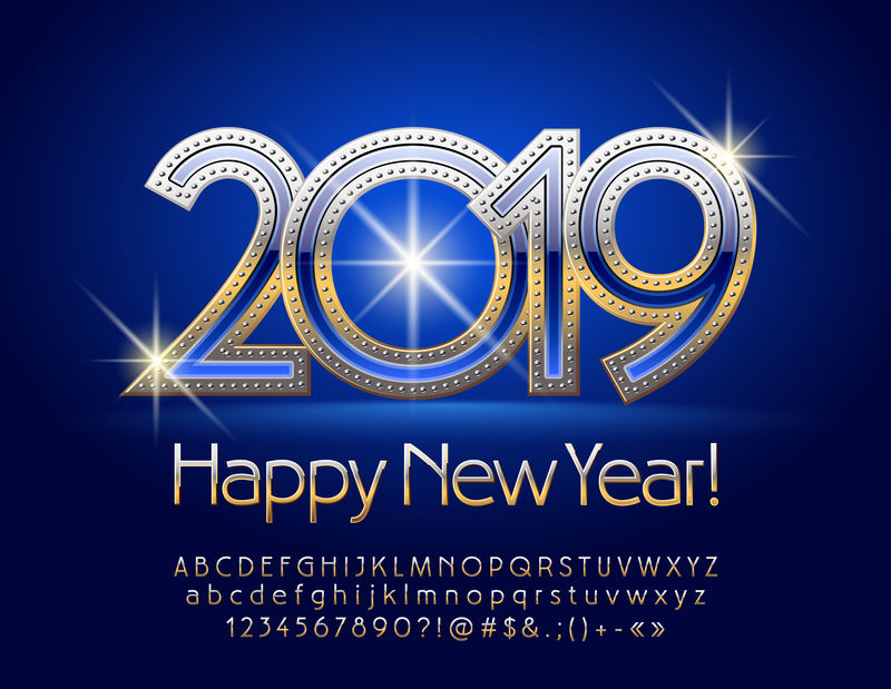 矢量2019新年快乐贺卡-蓝色和金色闪亮字体-一组别致的字母、数字和标点符号