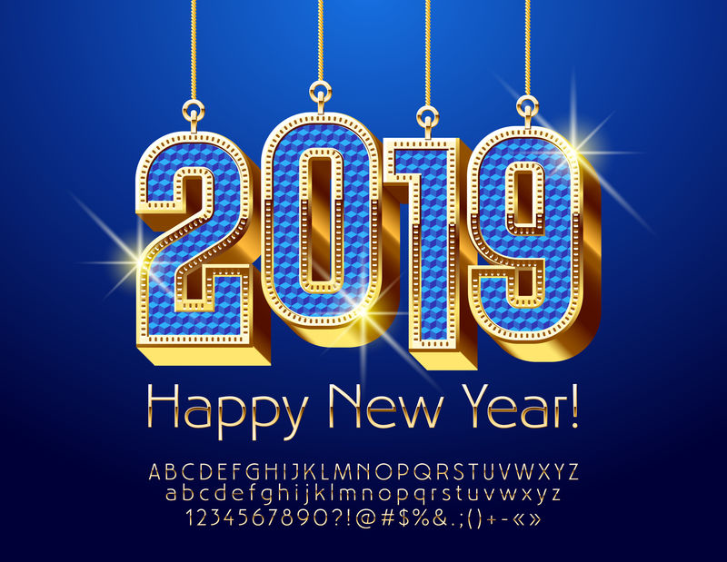 2019年蓝色和金色闪光玩具矢量贺卡新年快乐-豪华别致的字体