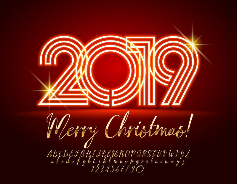 矢量可爱霓虹贺卡-2019年圣诞快乐-由字母、数字和符号组成的书法-金色时尚字体