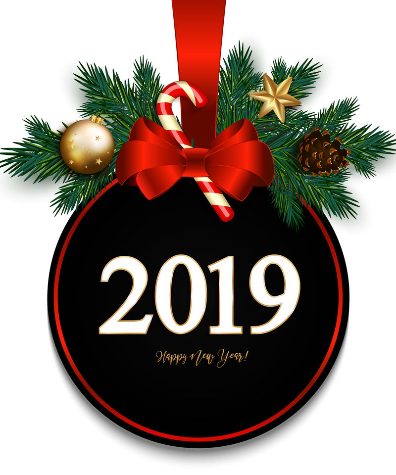 2019新年，红色圣诞销售标志，冷杉树枝，缎子