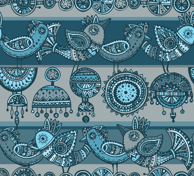 无缝图案，手绘花鸟，风格风趣