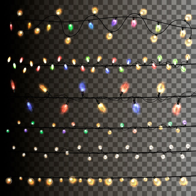 透明背景上的圣诞灯花环。