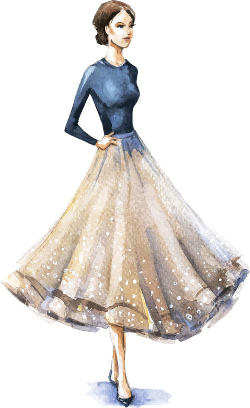 时装插图-水彩素描-矢量图