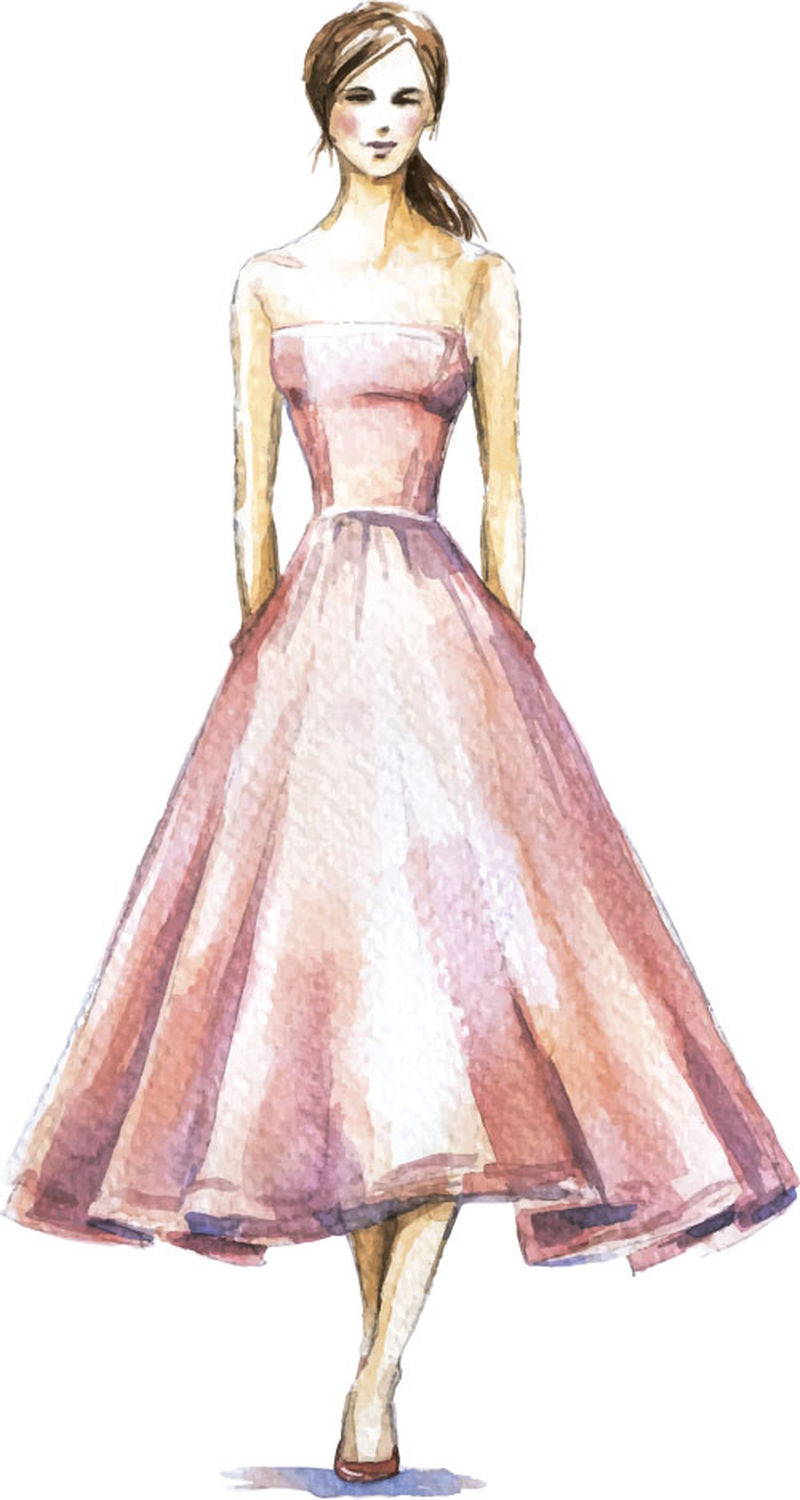 水彩画时尚插画-女孩穿连衣裙-矢量图