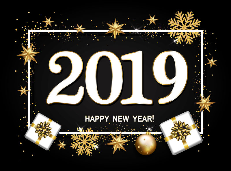 2018年黑色背景的新年快乐设计布局。礼物