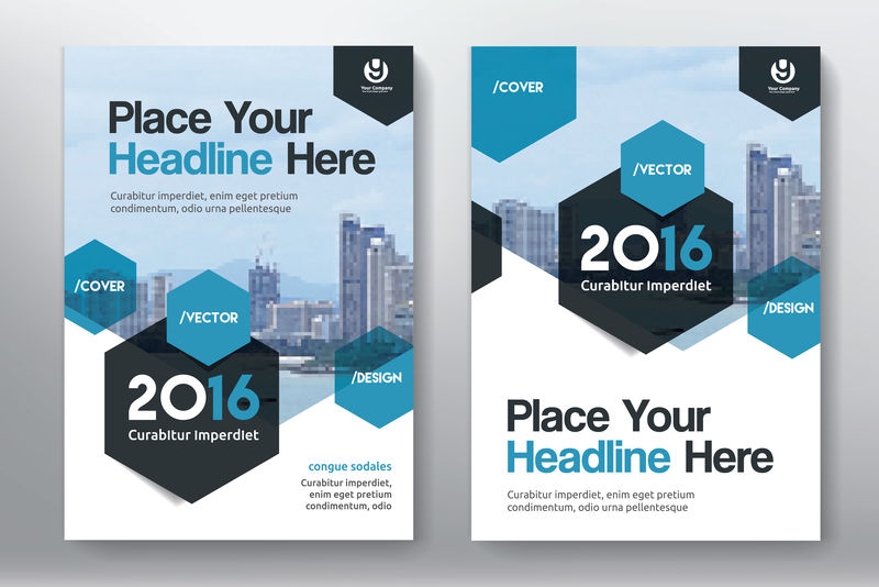 蓝色背景与城市背景商务书籍封面设计模板A4-易于适应小册子-年报-杂志-海报-公司介绍-档案袋-传单-横幅-网站