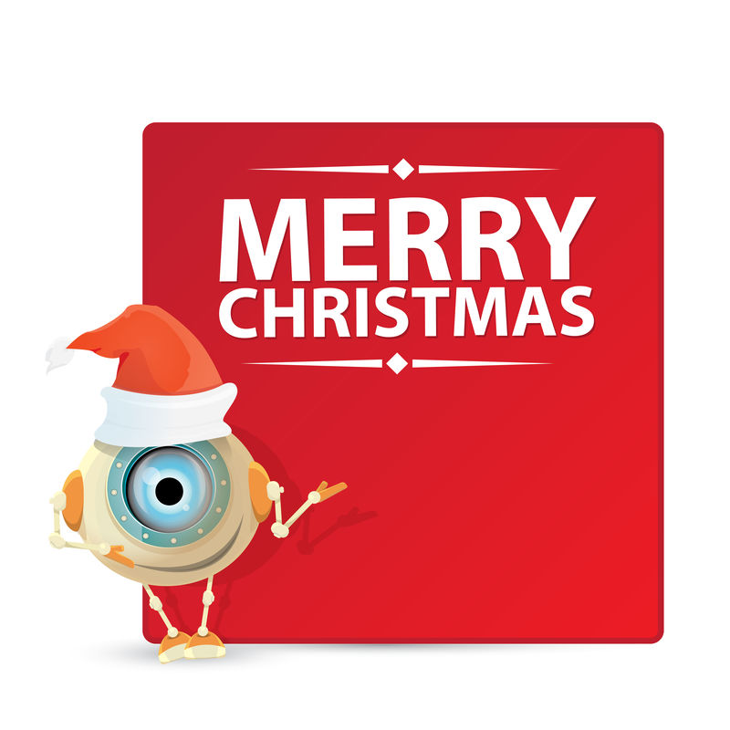 卡通可爱的机器人精灵与圣诞老人红帽。