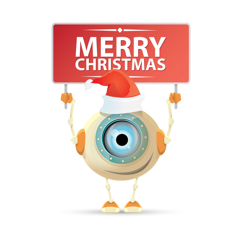 卡通可爱的机器人精灵与圣诞老人红帽。