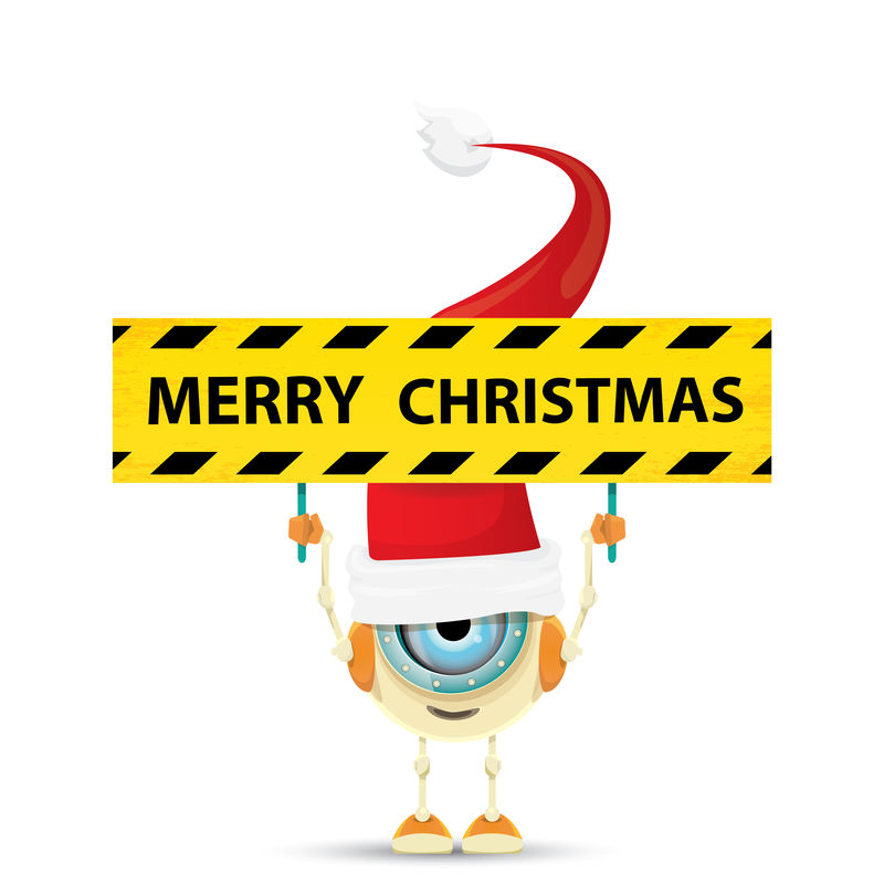 卡通可爱的机器人精灵与圣诞老人红帽。