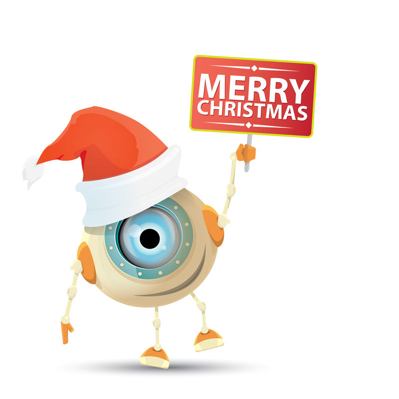 卡通可爱的机器人精灵与圣诞老人红帽。