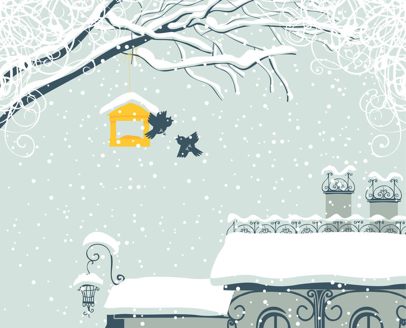 冰雪覆盖的屋顶和鸟类的冬季城市景观