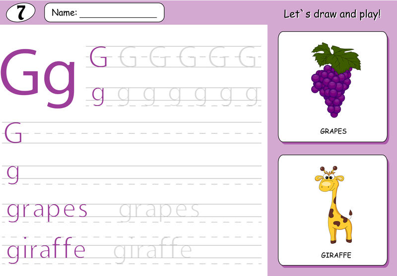 卡通葡萄和长颈鹿。字母表跟踪工作表:书写