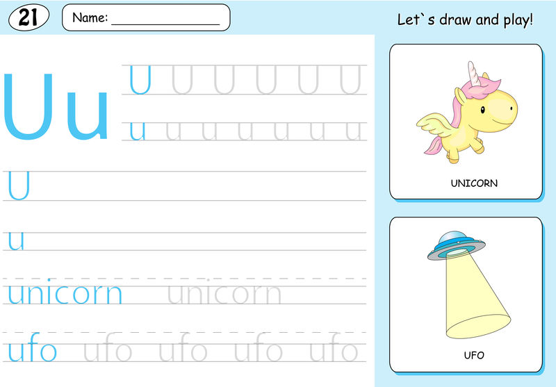 卡通独角兽和不明飞行物。字母表跟踪工作表:编写A-Z
