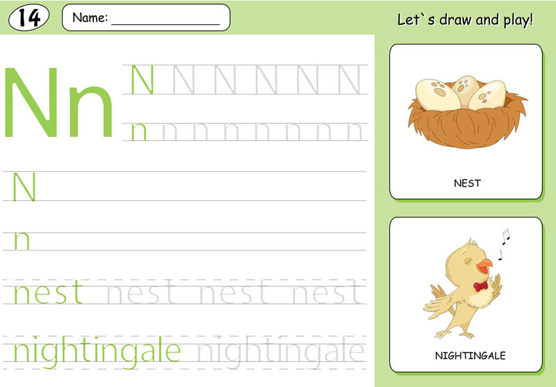 卡通夜莺和鸟巢。字母表跟踪工作表:书写