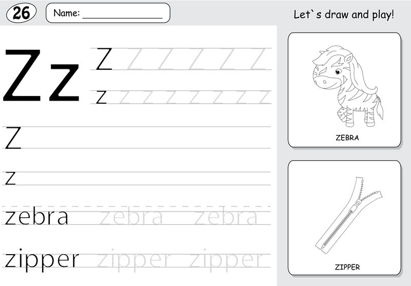 卡通斑马和拉链。字母表跟踪工作表:编写-