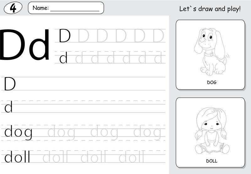 卡通狗和洋娃娃。字母表跟踪工作表:编写A-Z和