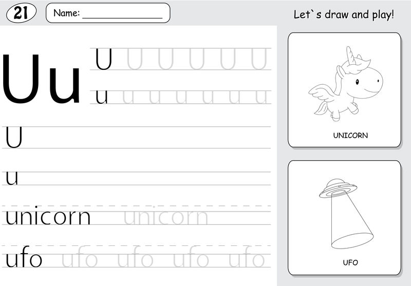 卡通独角兽和不明飞行物。字母表跟踪工作表:编写A-Z