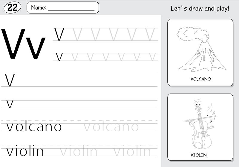 卡通火山和小提琴。字母表跟踪工作表:书写