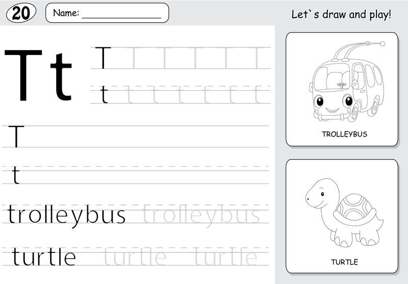 卡通无轨电车和乌龟。字母表跟踪工作表:书面