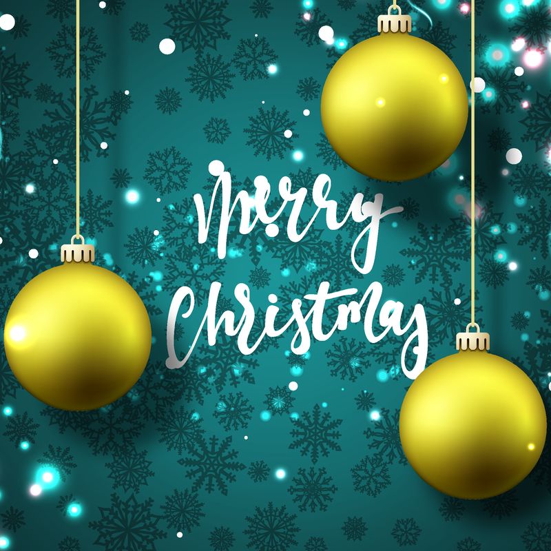 圣诞快乐-新年快乐-蓝色背景-圣诞球和雪花-手书为圣诞节贺卡设计