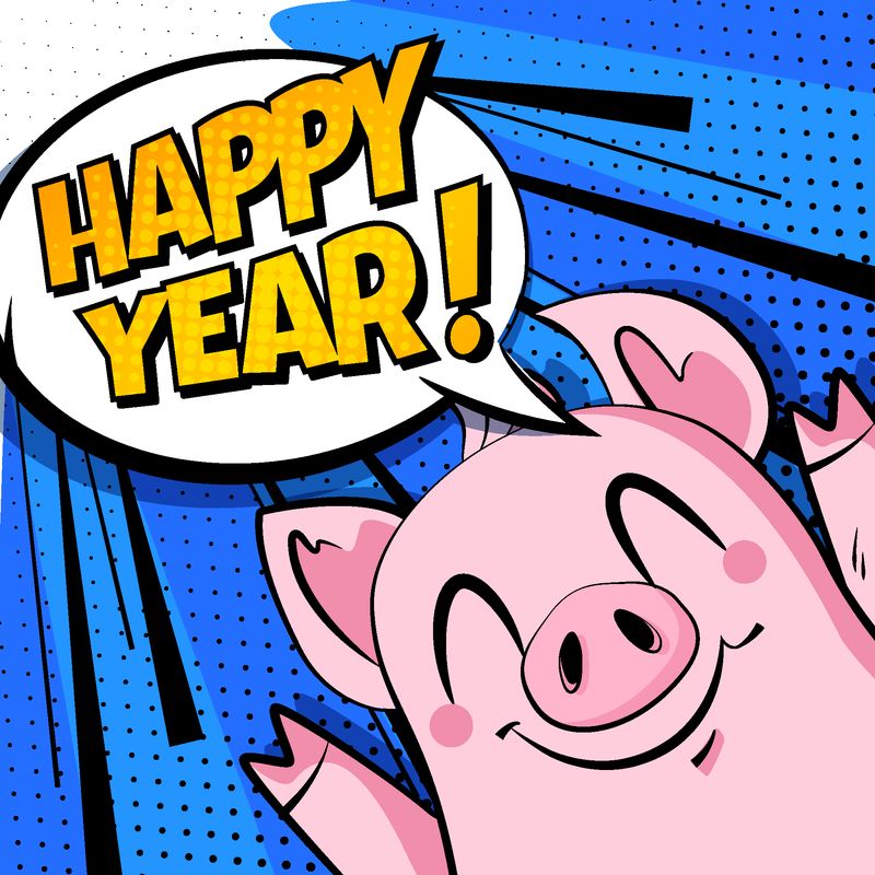 新年快乐横幅-蓝色背景上有可爱的猪和文字云-漫画风格的贺卡