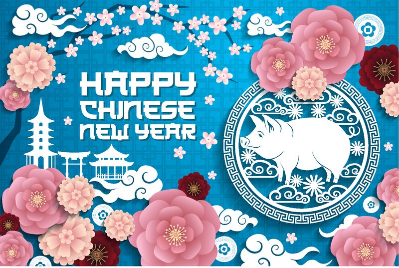 中国农历新年猪年花彩海报-占星术十二生肖动物和东方风格的建筑大门和寺庙-樱花和茶花-云和小猪在圆矢量