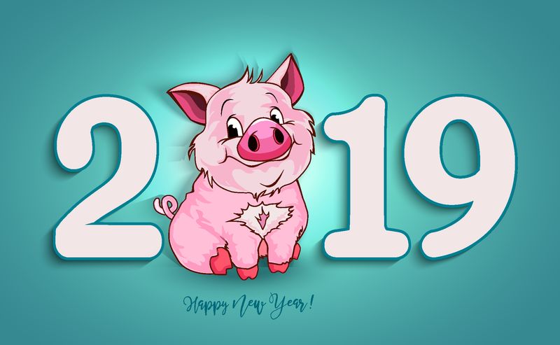 可爱有趣的猪-新年快乐-2019年的中国符号-极好的节日礼品卡-蓝色背景上的矢量图