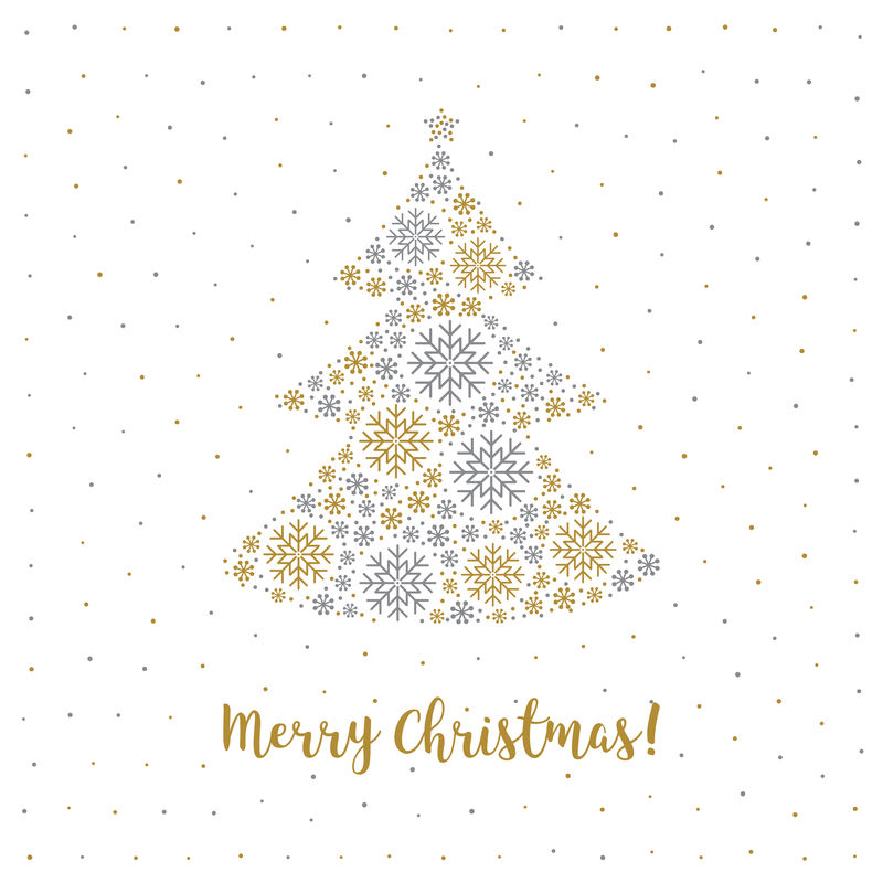 圣诞贺卡极简风格，抽象树，雪花，白色背景