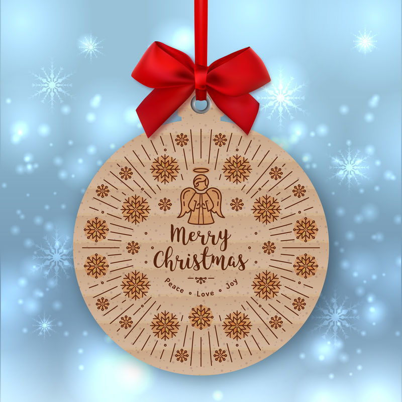 圣诞卡、牛皮纸礼品标签、红色蝴蝶结、冬季背景