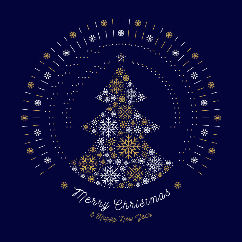 圣诞贺卡抽象树，单线太阳爆发，雪花