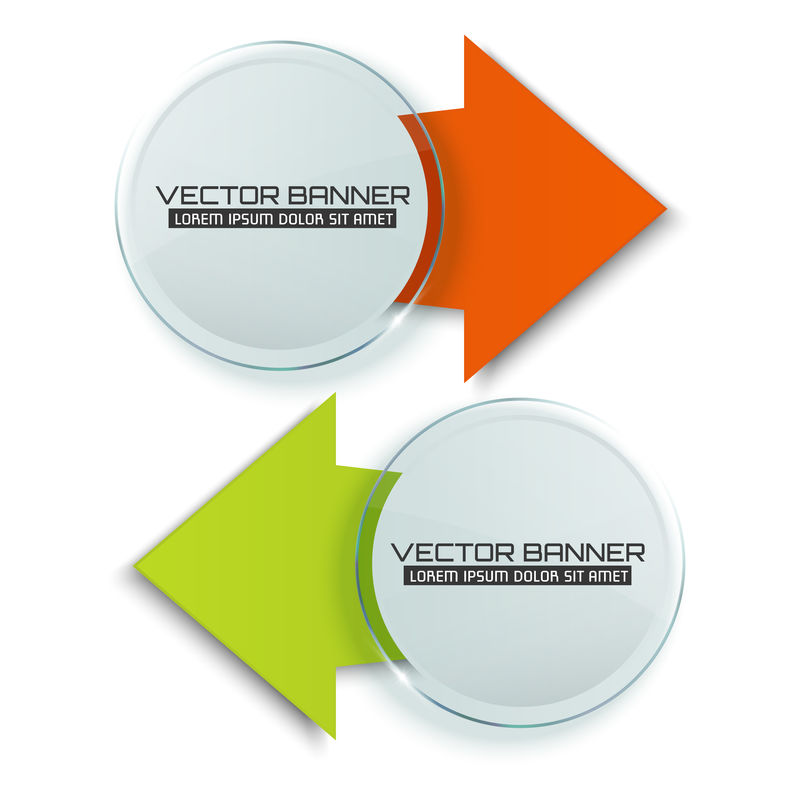 箭头横幅。带有彩色标志的玻璃圆。信息图表模板。矢量