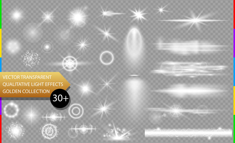 辉光隔离的白色透明光效果集-镜头闪光-爆炸-闪光-线条-太阳闪光-星火和星星-抽象特效元素设计-闪电照耀光线-波光粼粼