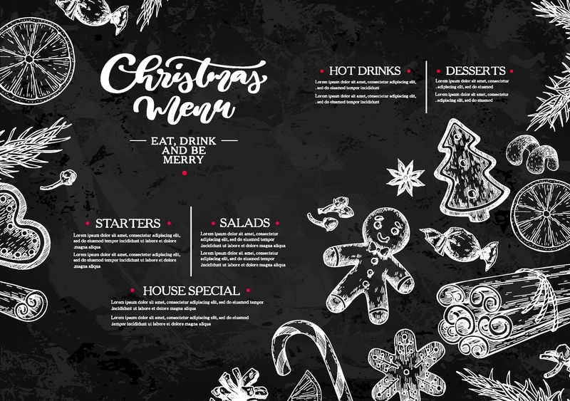 圣诞节菜单-黑板餐厅和咖啡馆模板矢量手绘插图松果-姜饼人饼干-杉树-糖果和香料-雕刻的传统圣诞节食品