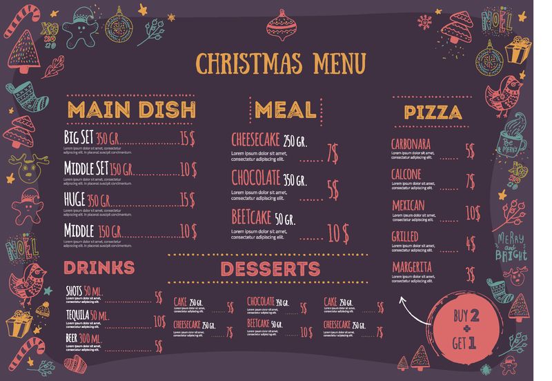 圣诞菜单设计与涂鸦设计元素-用于打印的矢量步进板-餐厅的食物背景和有趣的图标