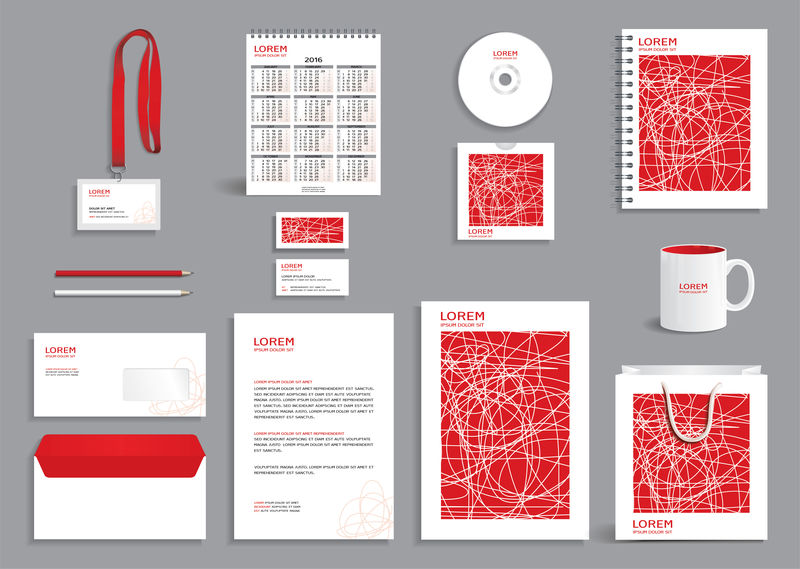 商务文具套装模板-企业标识设计模型与抽象现代红白涂鸦图案